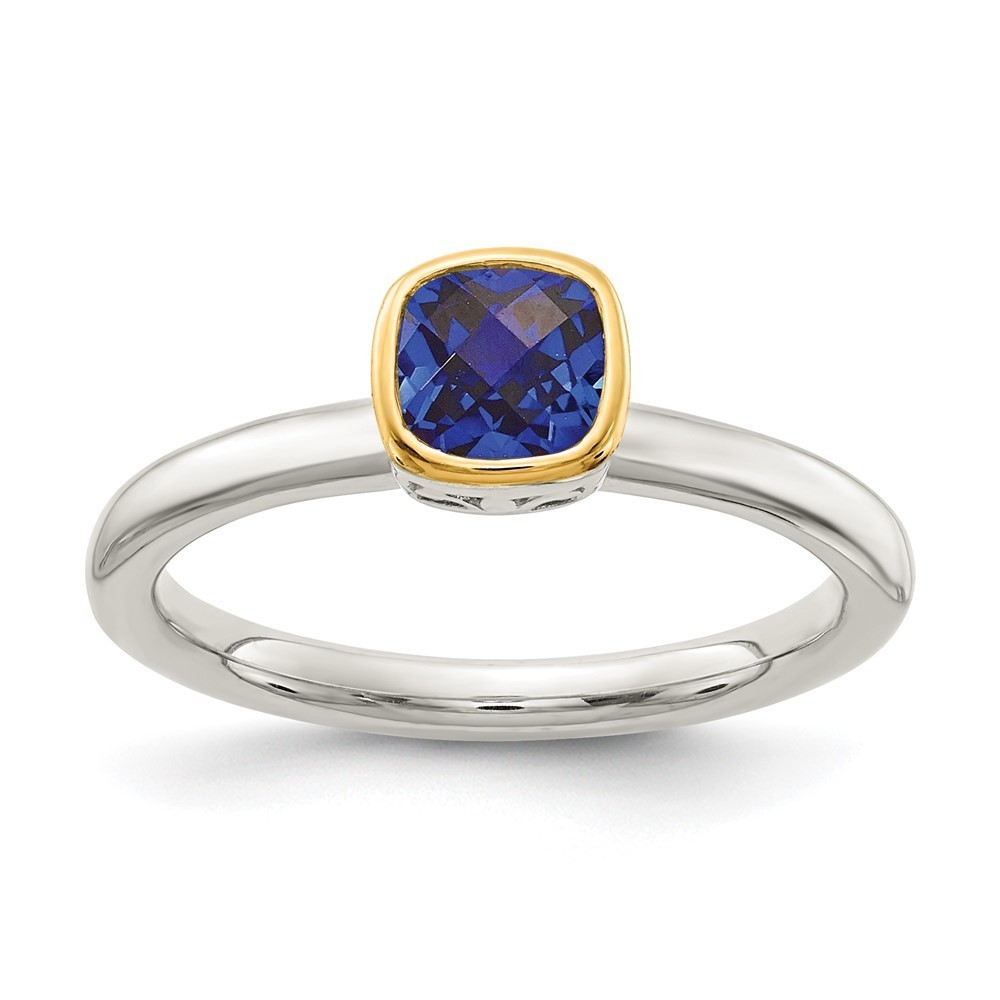 925 Sterling Silver 14k Gold Accent Cushion-Cut Created Blue Sapphire Ring, 6